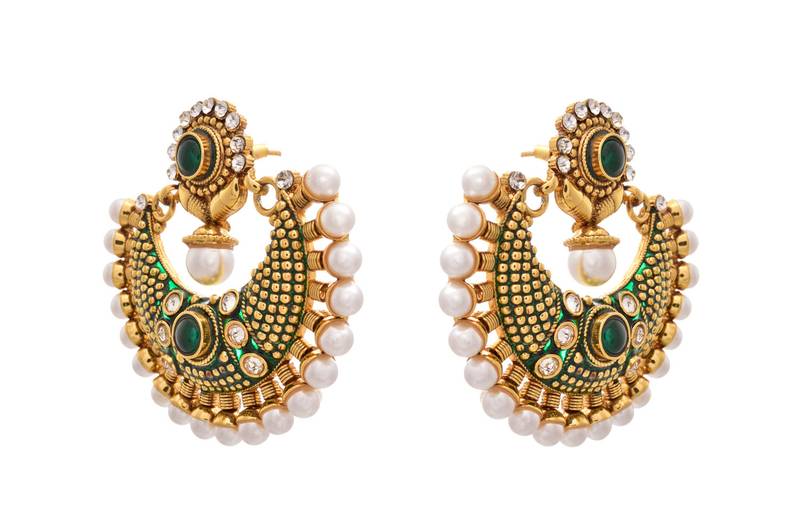 Mind-blowing Gold Pearl,Polki Green Meenakari Earring.