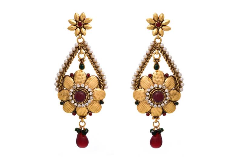 Fab Floral Gold Designer Earrings embellished with Pearls.