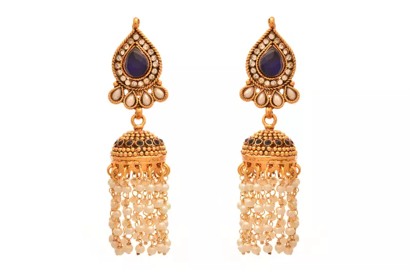 JFL- Traditional Ethnic One Gram Gold Plated Austrian Diamond Pearl Blue Designer Jhumka