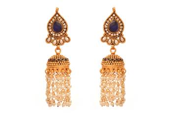 JFL- Traditional Ethnic One Gram Gold Plated Austrian Diamond Pearl Blue Designer Jhumka 1