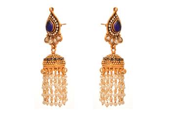 JFL- Traditional Ethnic One Gram Gold Plated Austrian Diamond Pearl Blue Designer Jhumka 2