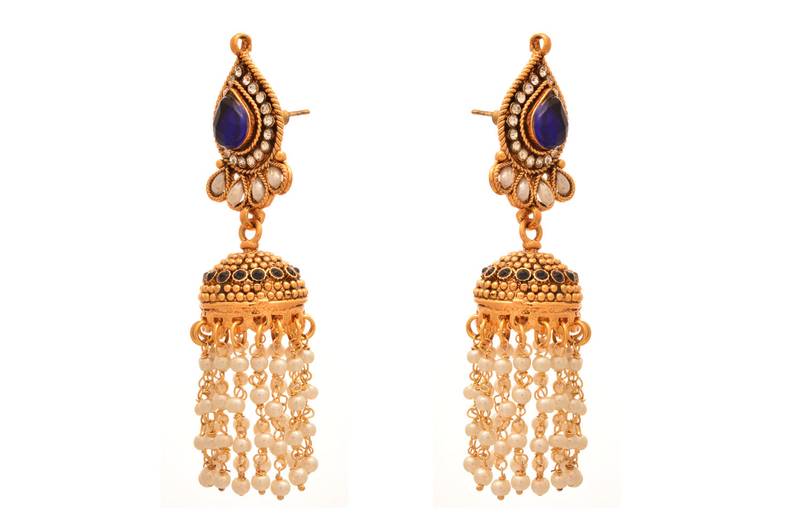 JFL- Traditional Ethnic One Gram Gold Plated Austrian Diamond Pearl Blue Designer Jhumka