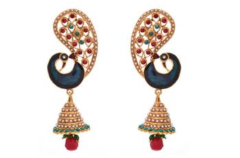 JFL - Traditional Ethnic Peacock One Gram Gold Plated Red & Green Stone Pearl Meenakari Designer Jhumki 1