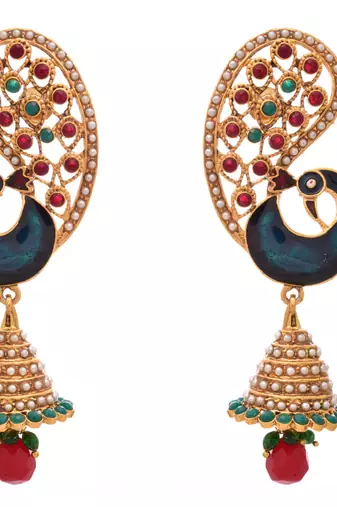 JFL - Traditional Ethnic Peacock One Gram Gold Plated Red & Green Stone Pearl Meenakari Designer Jhumki