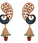 JFL - Traditional Ethnic Peacock One Gram Gold Plated Red & Green Stone Pearl Meenakari Designer Jhumki