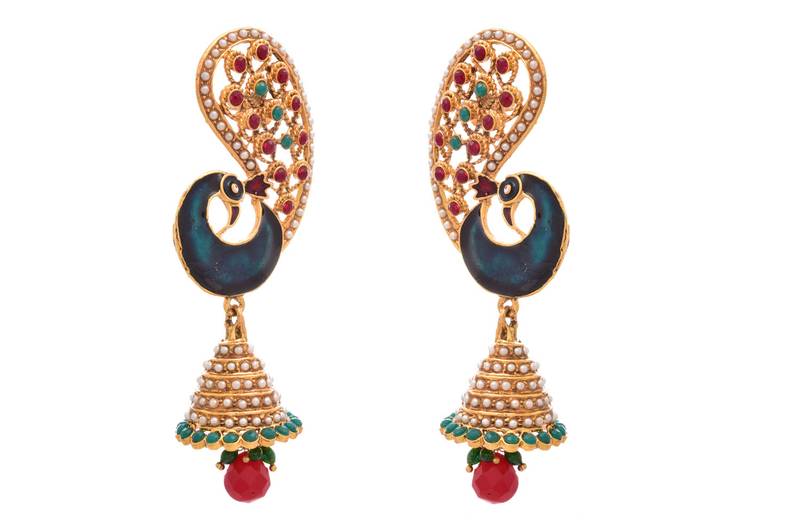 JFL - Traditional Ethnic Peacock One Gram Gold Plated Red & Green Stone Pearl Meenakari Designer Jhumki