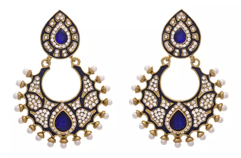 JFL - Pretty Pearl and Meenakari Blue One Gram Gold Plated Designer Earring