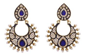 JFL - Pretty Pearl and Meenakari Blue One Gram Gold Plated Designer Earring 1