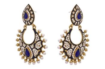 JFL - Pretty Pearl and Meenakari Blue One Gram Gold Plated Designer Earring 2