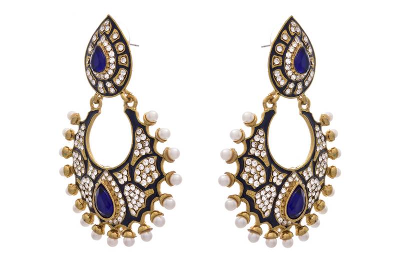 JFL - Pretty Pearl and Meenakari Blue One Gram Gold Plated Designer Earring