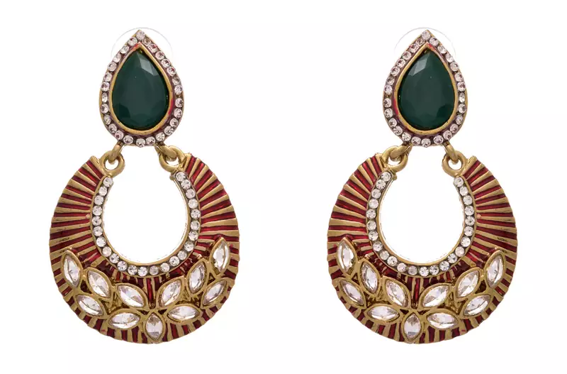 JFL - Beautiful Red n Green One Gram Gold Plated Earring Studded with Polki, Diamond 