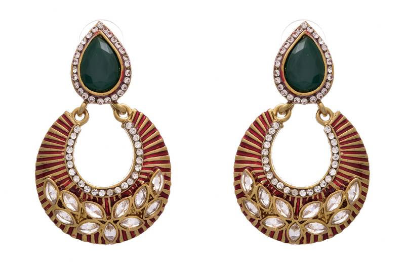 JFL - Beautiful Red n Green One Gram Gold Plated Earring Studded with Polki, Diamond 