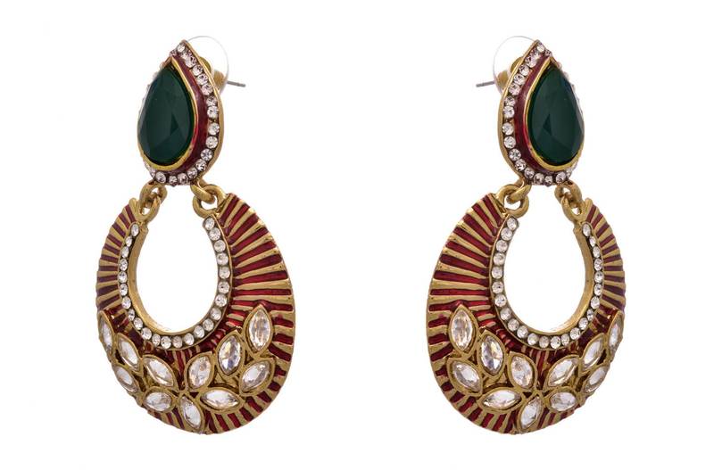 JFL - Beautiful Red n Green One Gram Gold Plated Earring Studded with Polki, Diamond 