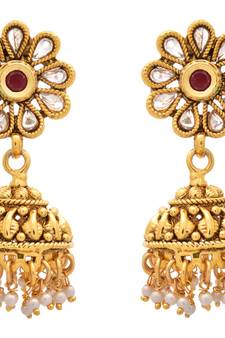 JFL - Wonderful Designer Red One Gram Gold Plated Jhumka Studded with Polki