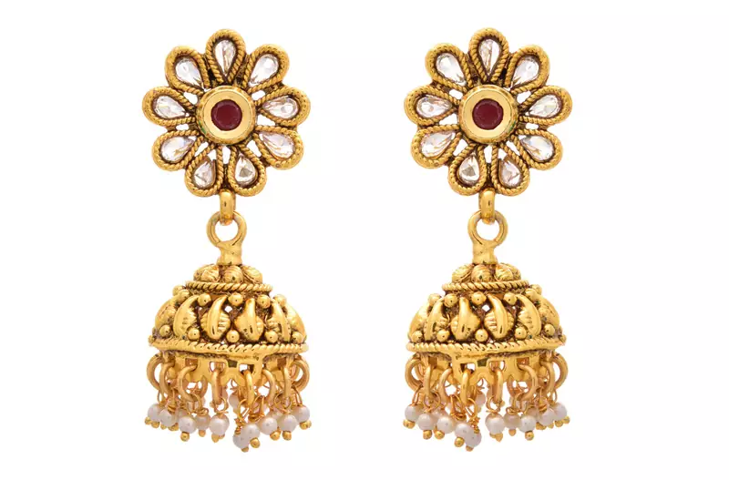 JFL - Wonderful Designer Red One Gram Gold Plated Jhumka Studded with Polki