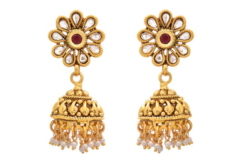 JFL - Wonderful Designer Red One Gram Gold Plated Jhumka Studded with Polki