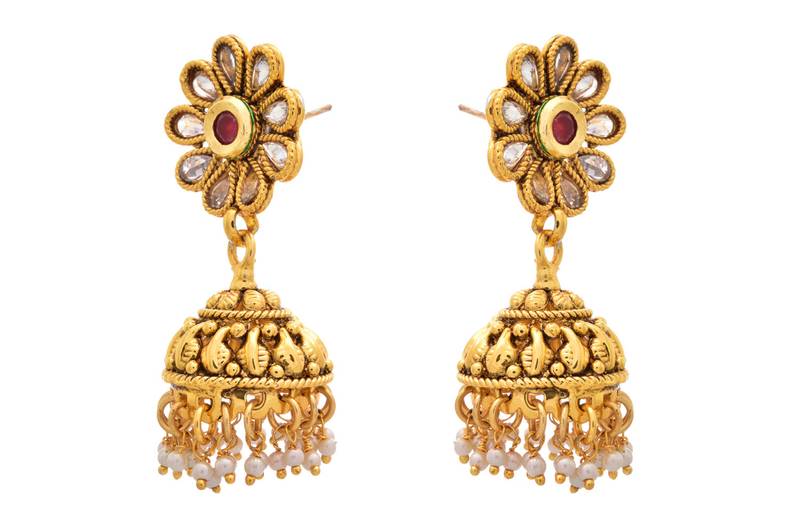 JFL - Wonderful Designer Red One Gram Gold Plated Jhumka Studded with Polki