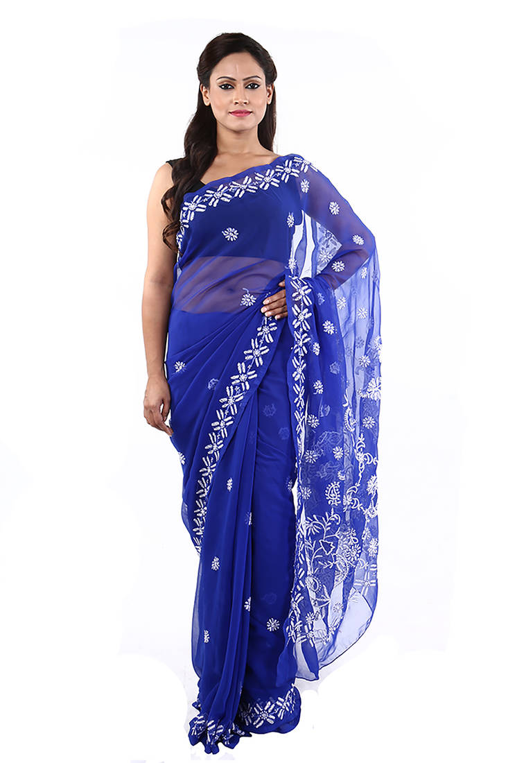 Ada Hand Embroidered Royal Blue Faux Georgette Lucknow Chikankari Saree With Blouse