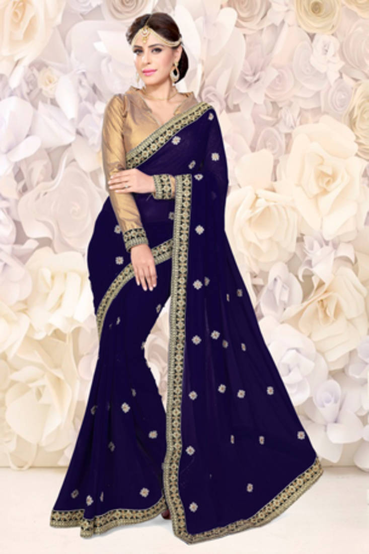 Wine embroidered georgette saree with blouse