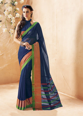 Women's Cotton Blend Navy Blue Printed Designer Saree With Blouse Piece