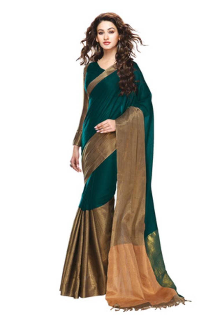 Women's Cotton Blend Dark Green Printed Designer Saree With Blouse Piece