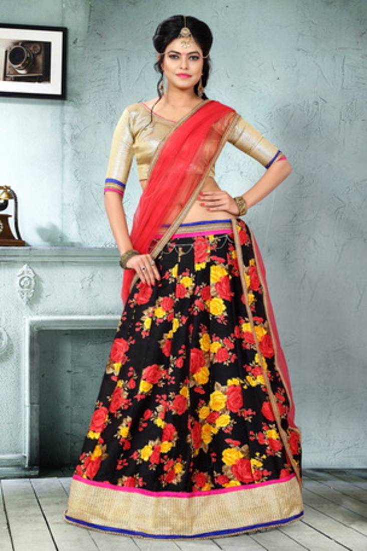 multicolor printed bhagalpuri silk unstitched lehenga choli