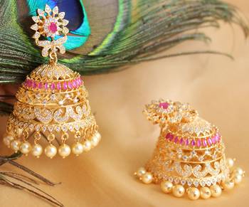 Gorgeous goldplated cz -ruby designer royal jhumkka dj01006 1