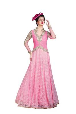Pink embroidered net semi stitched salwar with dupatta 1
