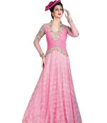 Pink embroidered net semi stitched salwar with dupatta