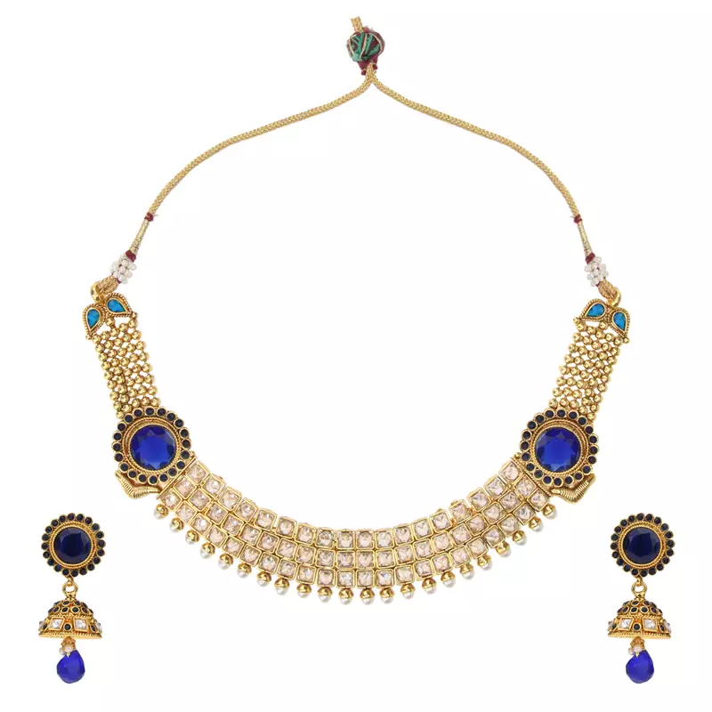 Blue Striking AD stones Glowing Pearl Necklace Jewelry SetABNE0362BL