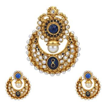 Deep Blue Classic Design Pearl Polki Meenakari Pendant Necklace Jewelery Set 1