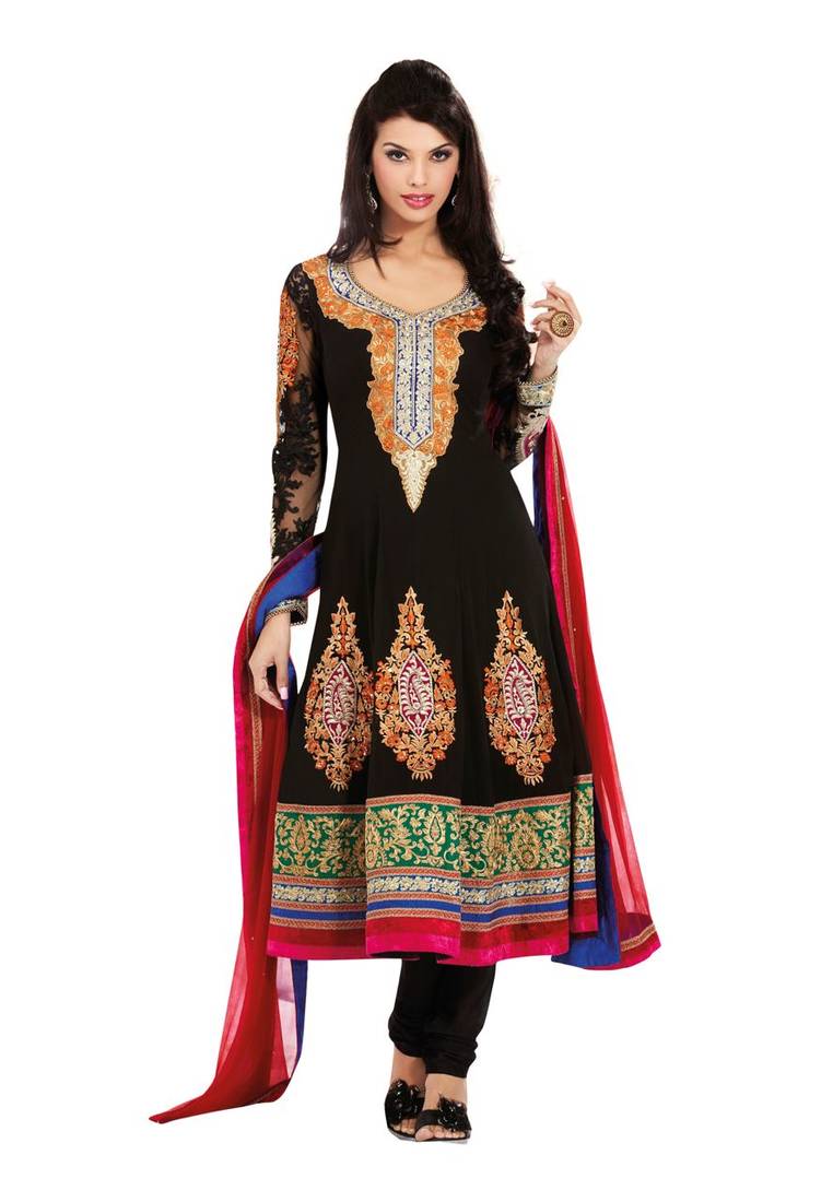 Fabdeal Black Georgette Embroidered Unstitched Salwar Suit