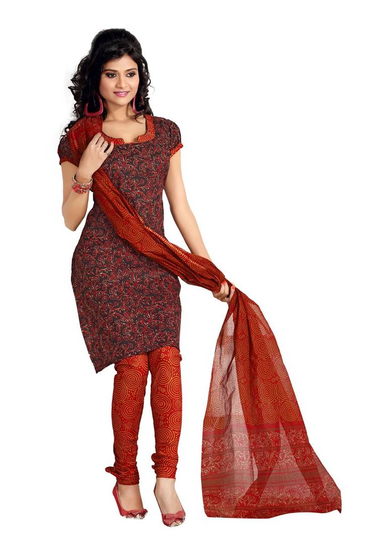 Fabdeal Black & Orange Colored  Pure Cotton  Unstitched Salwar Suit