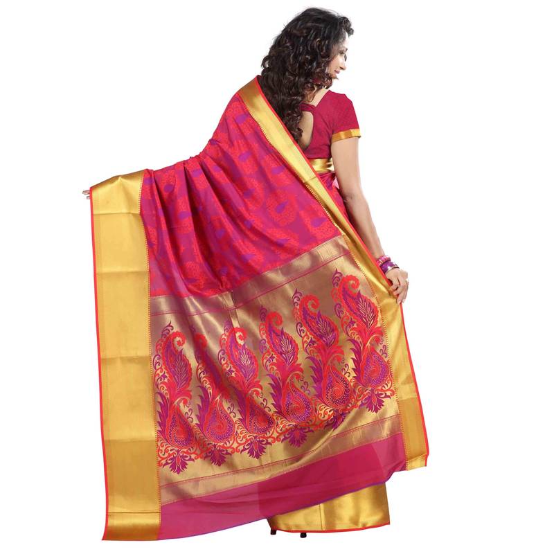 Women's Silk Blend Red Woven Design Designer Saree With Blouse Piece
