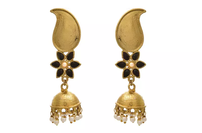 JFL - Fusion Ethnic Kaerie One Gram Gold Plated Black Stone Designer Jhumka