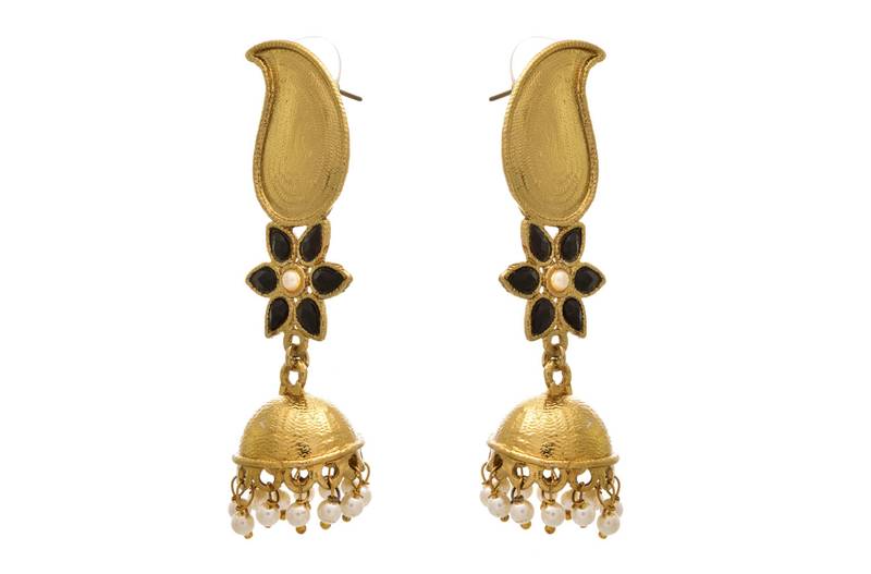 JFL - Fusion Ethnic Kaerie One Gram Gold Plated Black Stone Designer Jhumka