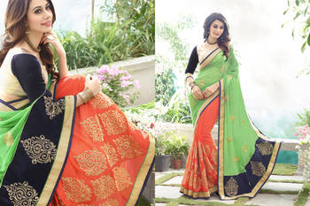 Green And Orange Embroidered Georgette Saree With Blouse 1