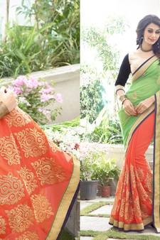 Green And Orange Embroidered Georgette Saree With Blouse