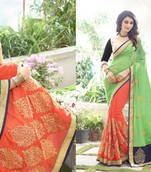Green And Orange Embroidered Georgette Saree With Blouse