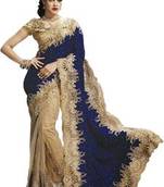 Blue and cream embroidered net and velvet saree with blouse