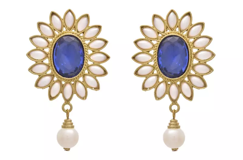 JFL - Traditional Ethnic Fusion Floral One Gram Gold Plated Blue Stone Pearl Designer Earrings