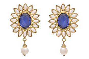 JFL - Traditional Ethnic Fusion Floral One Gram Gold Plated Blue Stone Pearl Designer Earrings 1