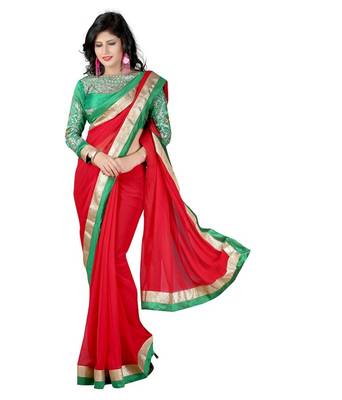 Red embroidered chiffon saree with blouse 1