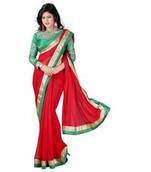 Red embroidered chiffon saree with blouse