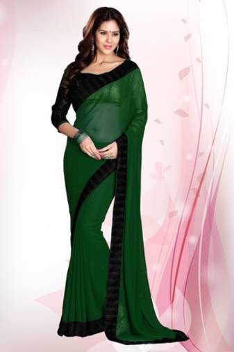 Dark Green plain georgette saree with blouse