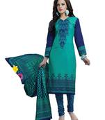 Blue and Sea Green printed Cotton unstitched salwar with dupatta