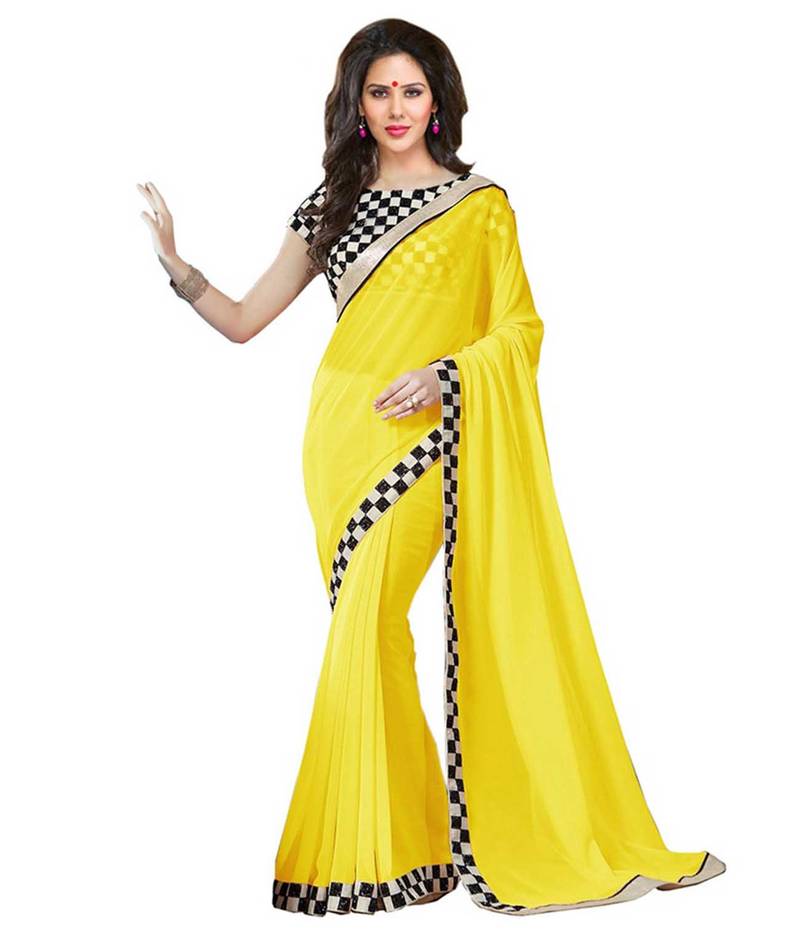 Yellow Plain Chiffon saree with blouse
