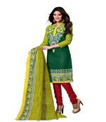 Green and red cotton unstitched salwar with dupatta