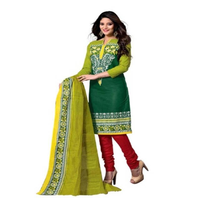 Green and red cotton unstitched salwar with dupatta