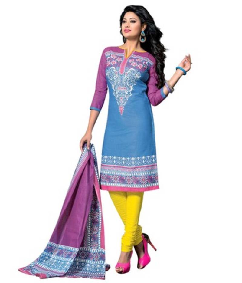 Blue and yellow cotton unstitched salwar with dupatta